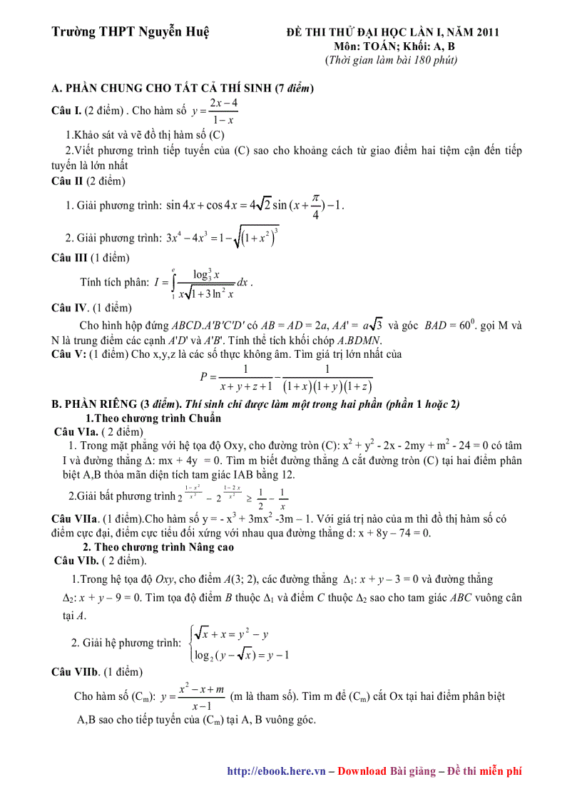 Đề thi thử ĐH khối A B lần 1 trường THPT Nguyễn Huệ Hà Nội