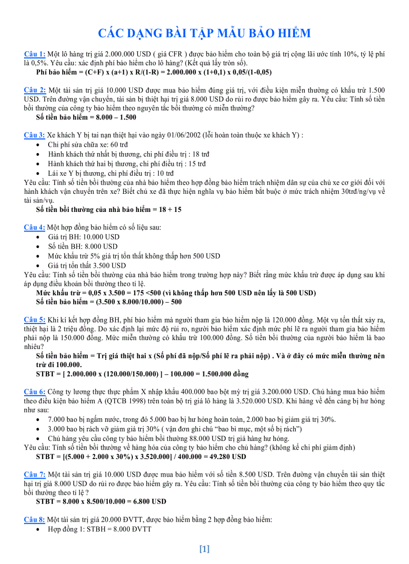 Các dạng bài tập mẫu bảo hiểm