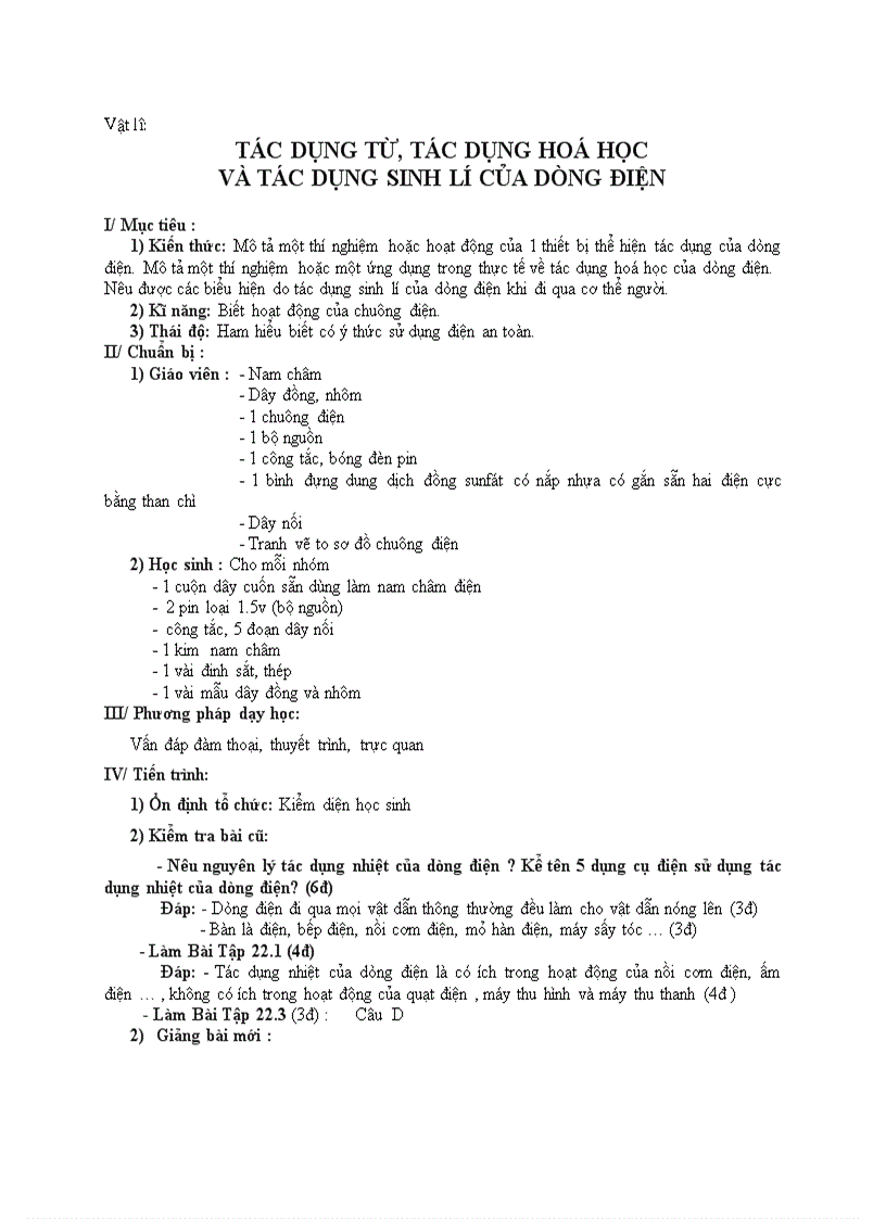 Vật lý TÁC DỤNG TỪ TÁC DỤNG HOÁ HỌC VÀ TÁC DỤNG SINH LÍ CỦA DÒNG ĐIỆN