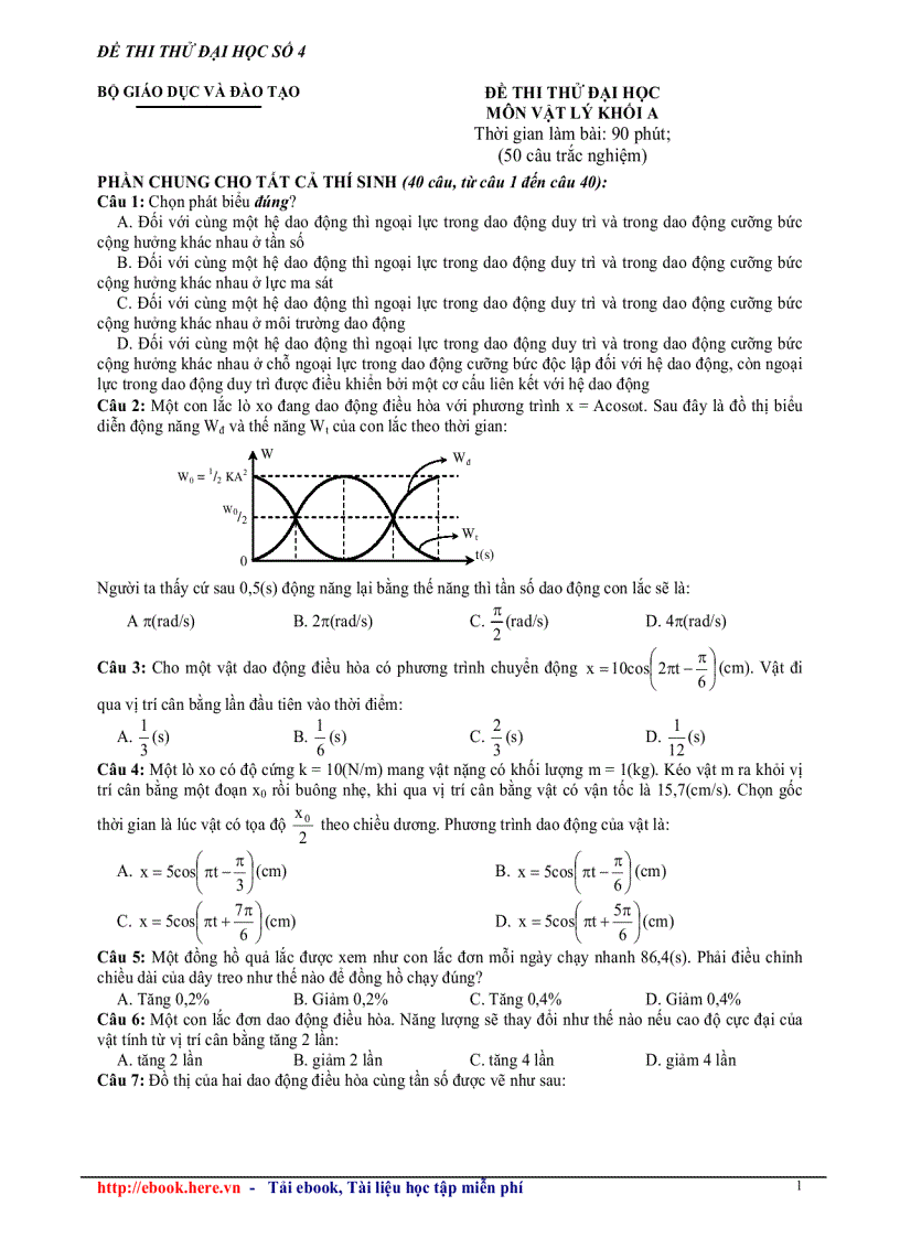 Đề thi thử đại học môn vật lý đề số 4
