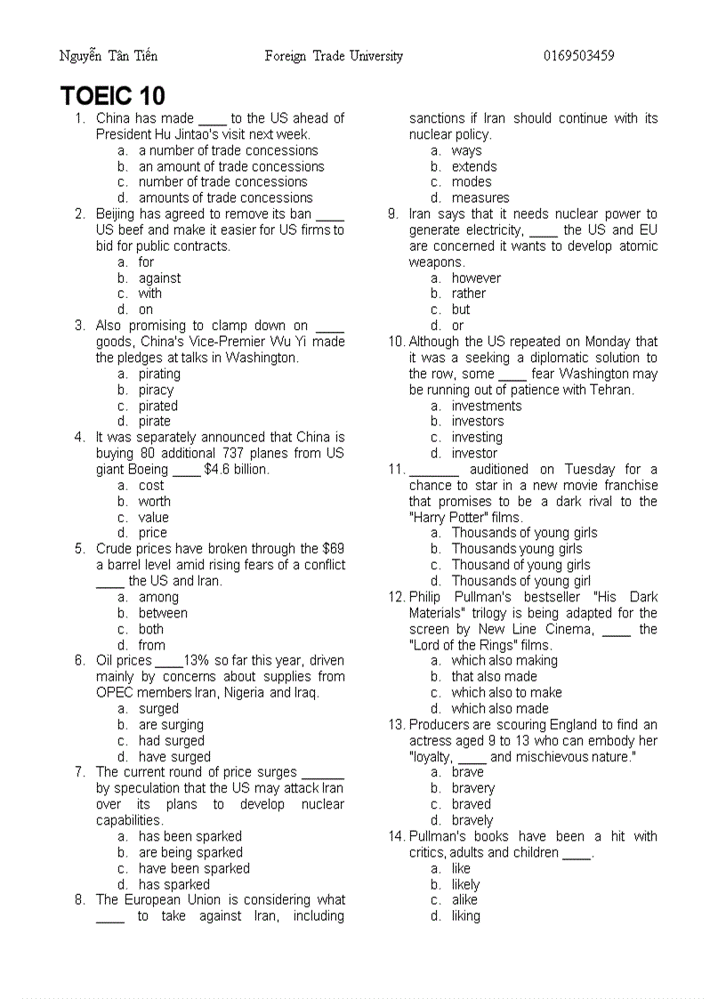 MASTER PART 5 TOEIC 10 Nguyễn Tân Tiến