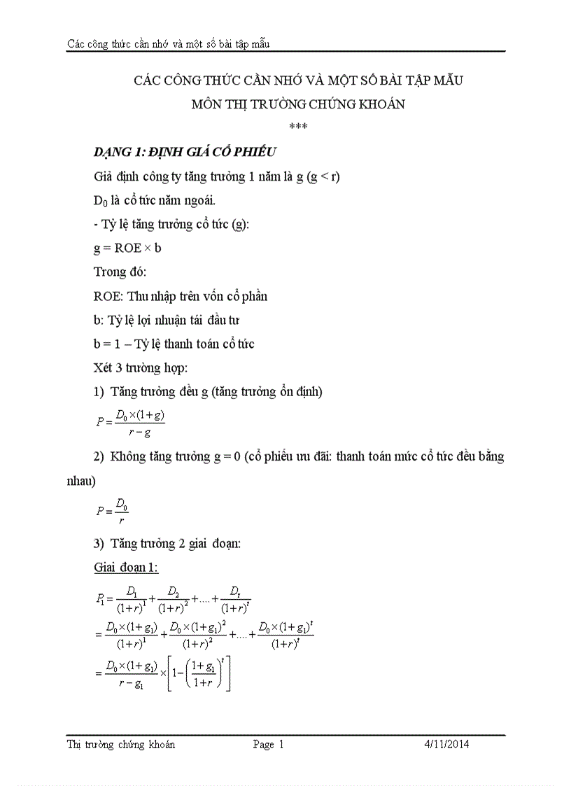 Các công thức cần nhớ và một số bài tập mẫu môn thị trường chứng khoán