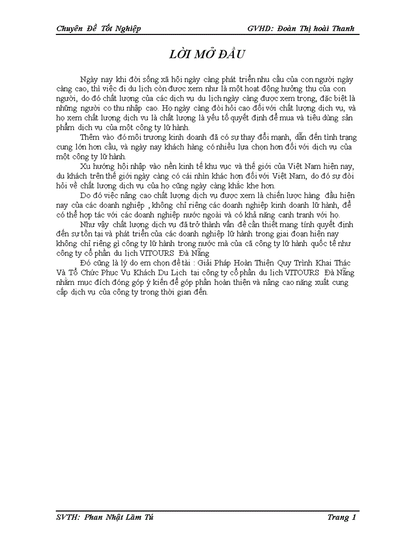 Giải Pháp Hoàn Thiện Quy Trình Khai Thác Và Tổ Chức Phục Vụ Khách Du Lịch tại công ty cổ phần du lịch VITOURS Đà Nẵng