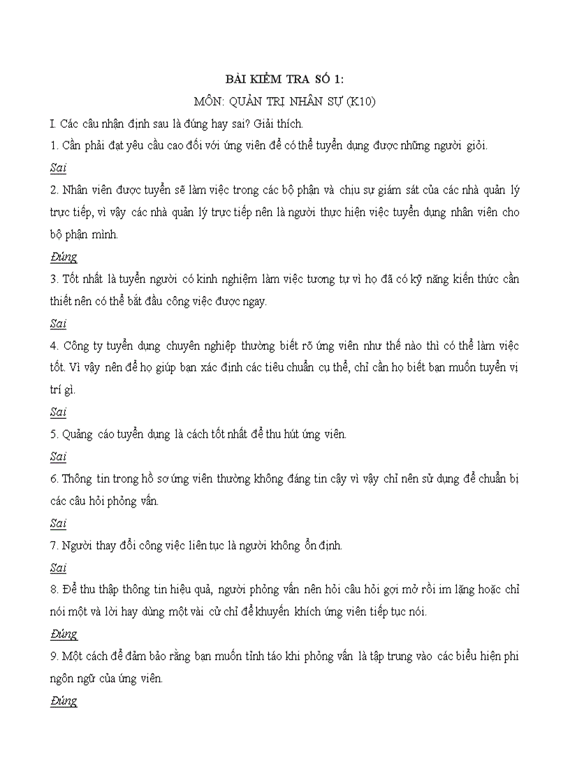 Đề kiểm tra Quản trị nhân sự K10
