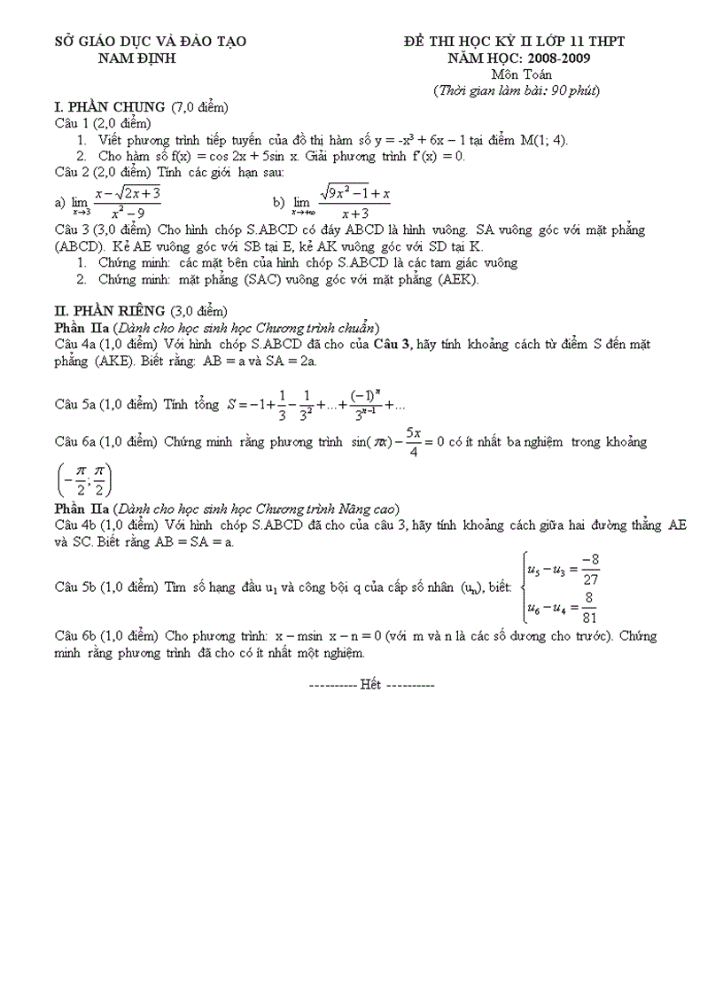 Đề thi môn Toán HKII lớp 11 Sở GDĐT Nam Định 2008 2009