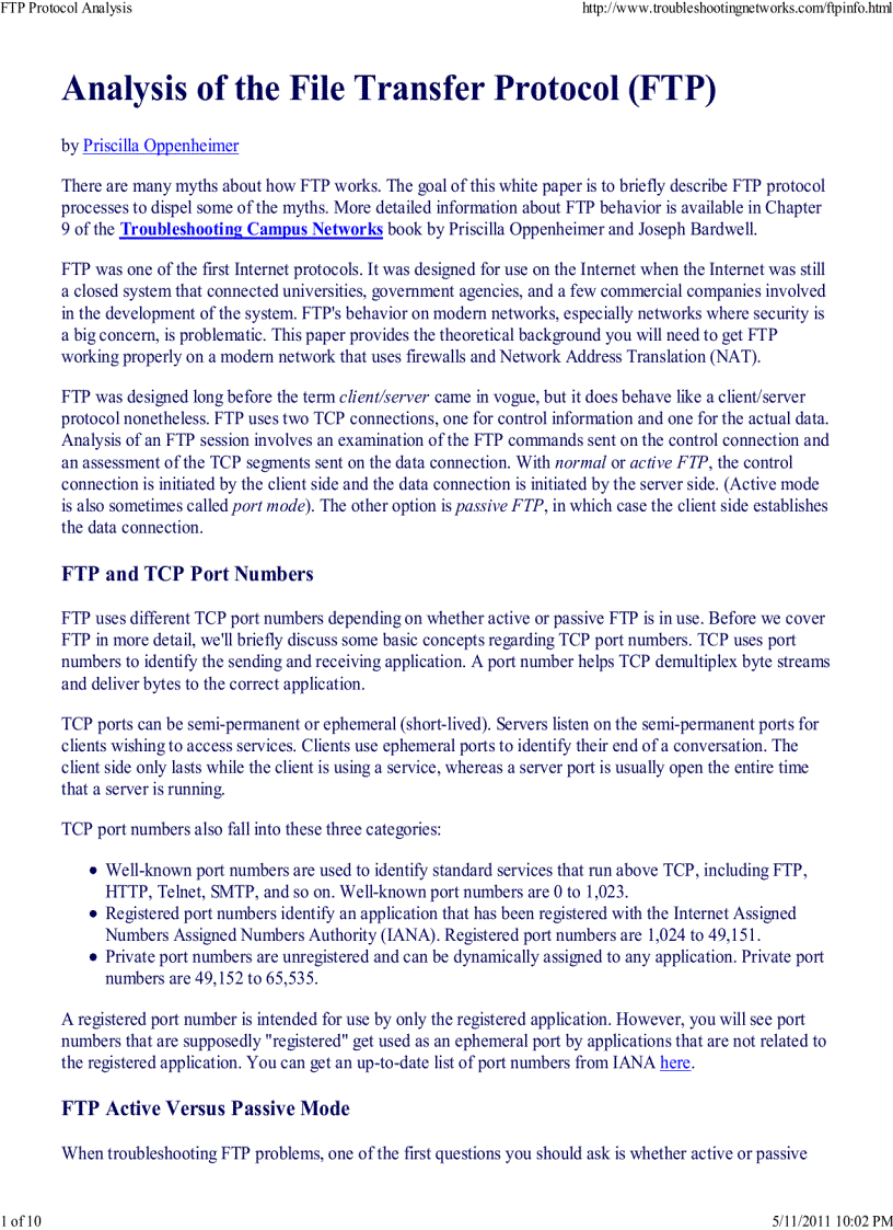 Analysis of the File Transfer Protocol FTP