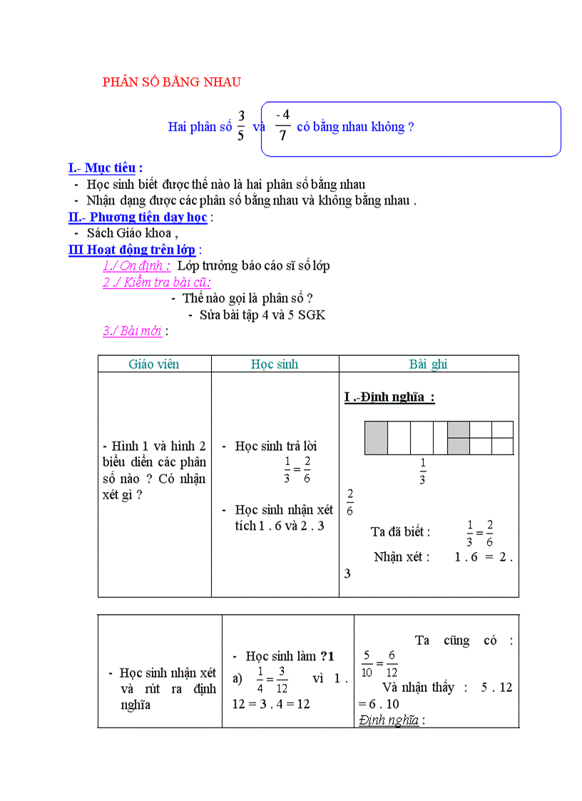 Toán PHÂN SỐ BẰNG NHAU