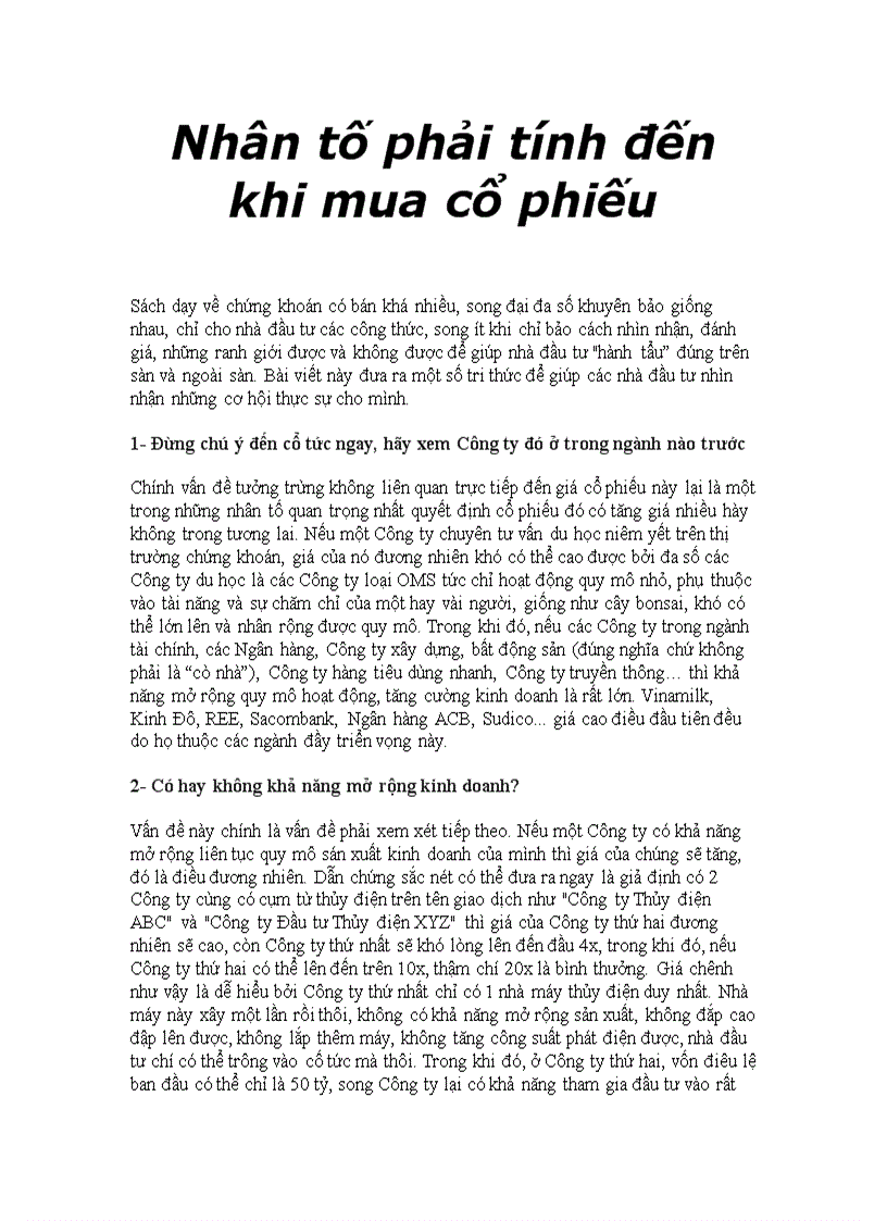 Nhân tố phải tính đến khi mua cổ phiếu