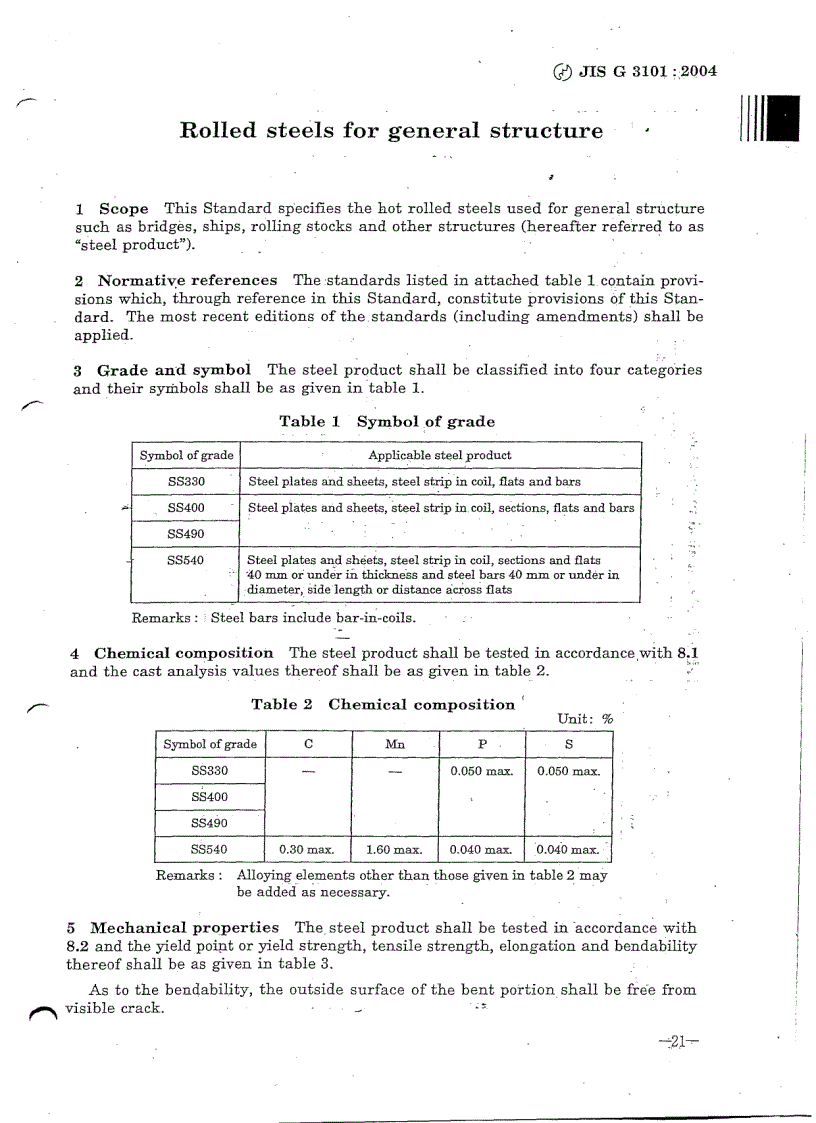 JIS Standards G3101 2004 Rolled steels for general structure