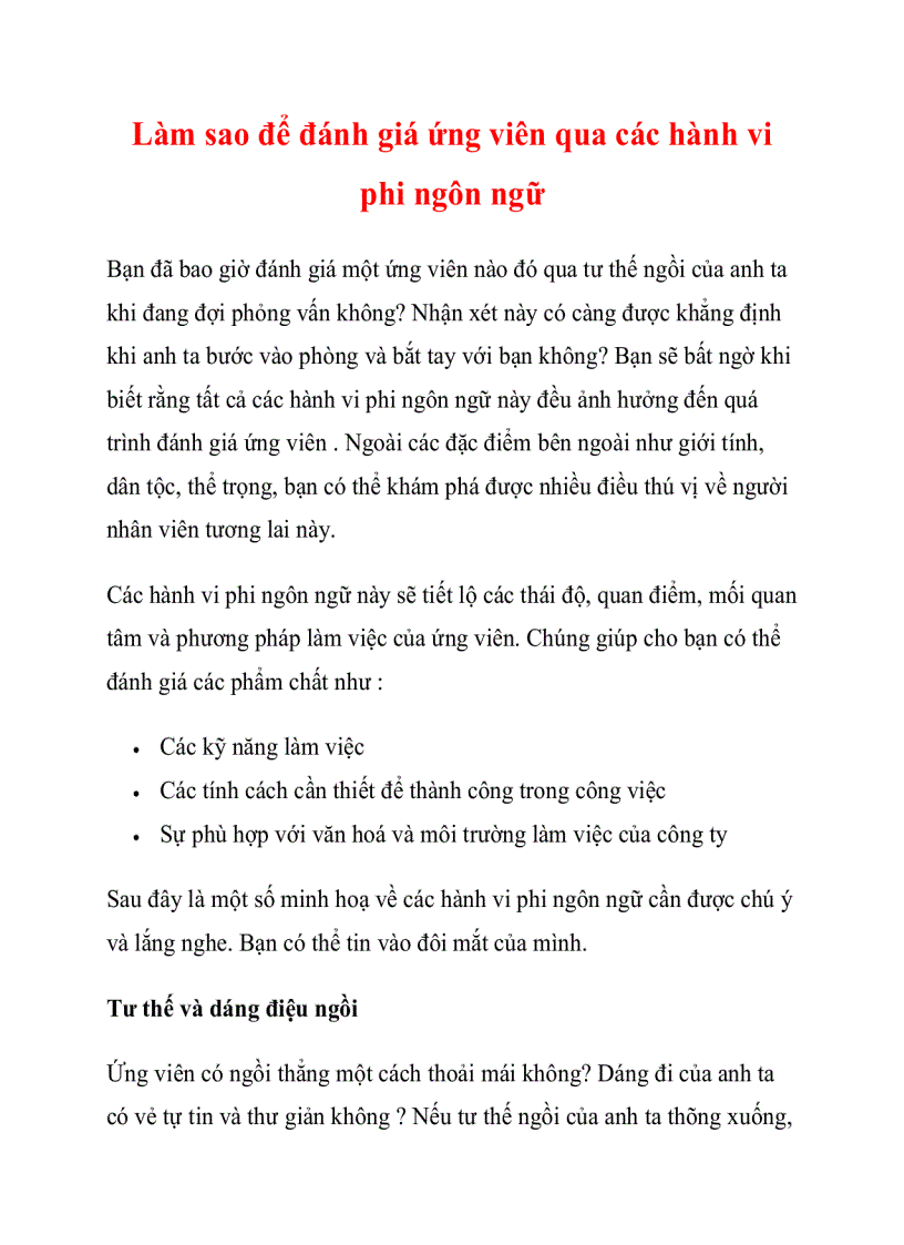 Làm sao để đánh giá ứng viên qua các hành vi phi ngôn ngữ