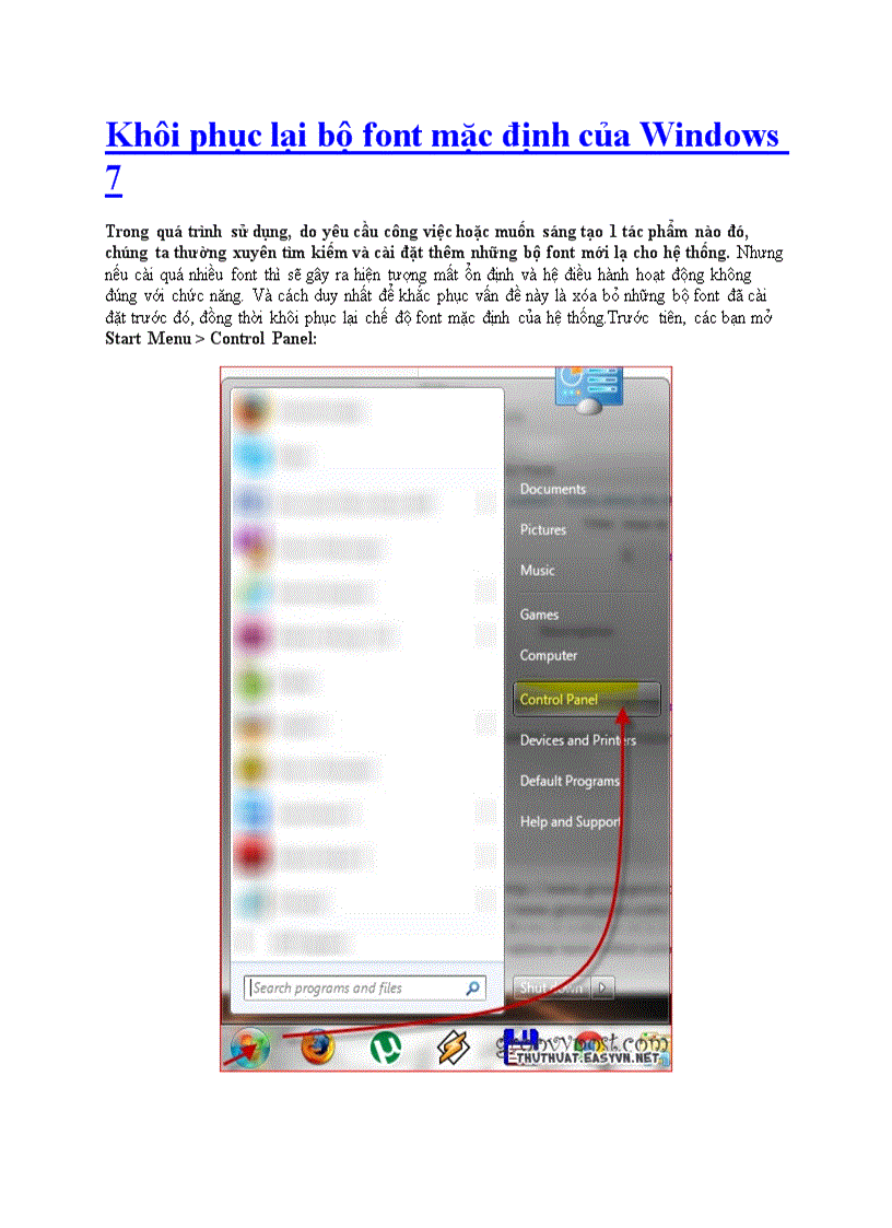 Khôi phục lại bộ font mặc định của Windows 7