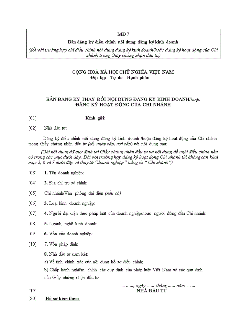 Bản đăng ký điều chỉnh nội dung đăng ký kinh doanh đối với trường hợp chỉ điều chỉnh nội dung đăng ký kinh doanh hoặc đăng ký hoạt động của Chi nhánh trong Giấy chứng nhận đầu tư