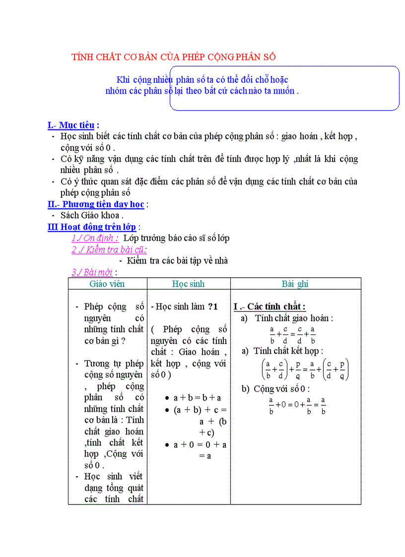 Toán TÍNH CHẤT CƠ BẢN CỦA PHÉP CỘNG PHÂN SỐ