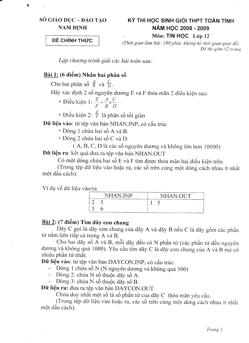 Đề thi HSG môn Tin học 12 Sở GDĐT Nam Định 2008 2009