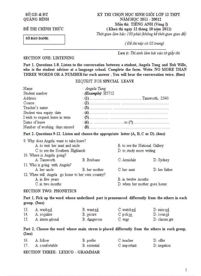 Download Đề thi và đáp án kỳ thi chọn HSG lớp 12 môn Tiếng Anh năm học 2011 2012 tỉnh Quảng Bình vòng 1 doc