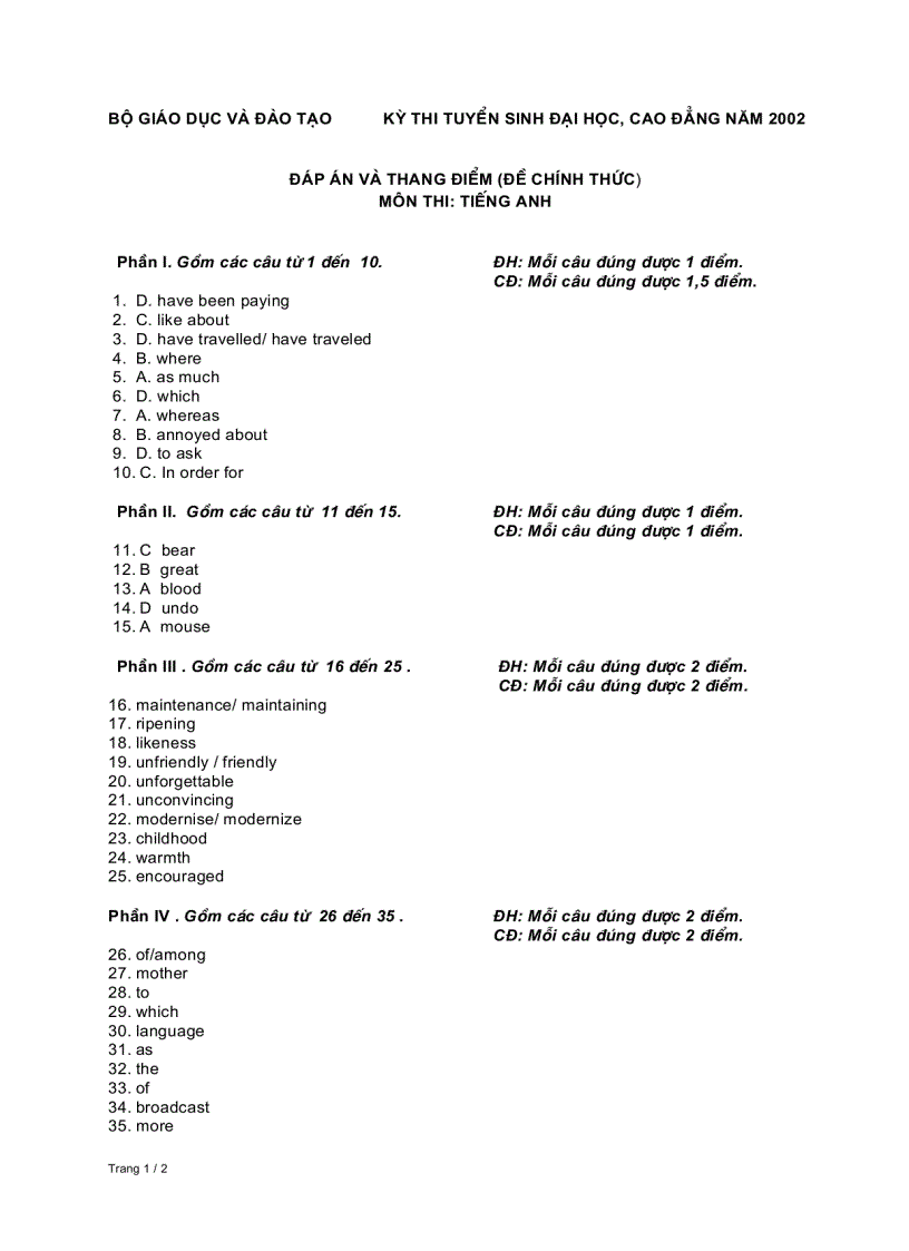 Đáp án thi tuyển sinh đại học năm 2002 Môn Tiếng Anh