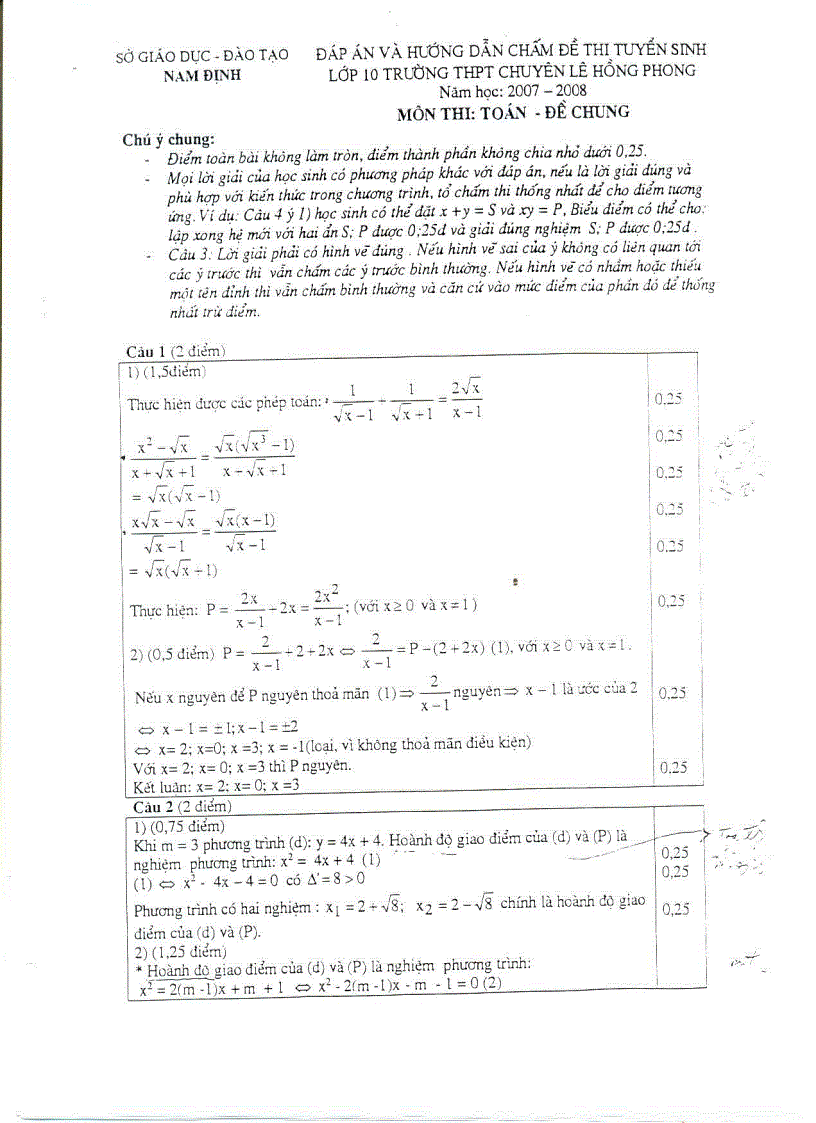 Đáp án đề Toán chung tuyển sinh lớp 10 Chuyên Lê Hồng Phong Nam Định 2007