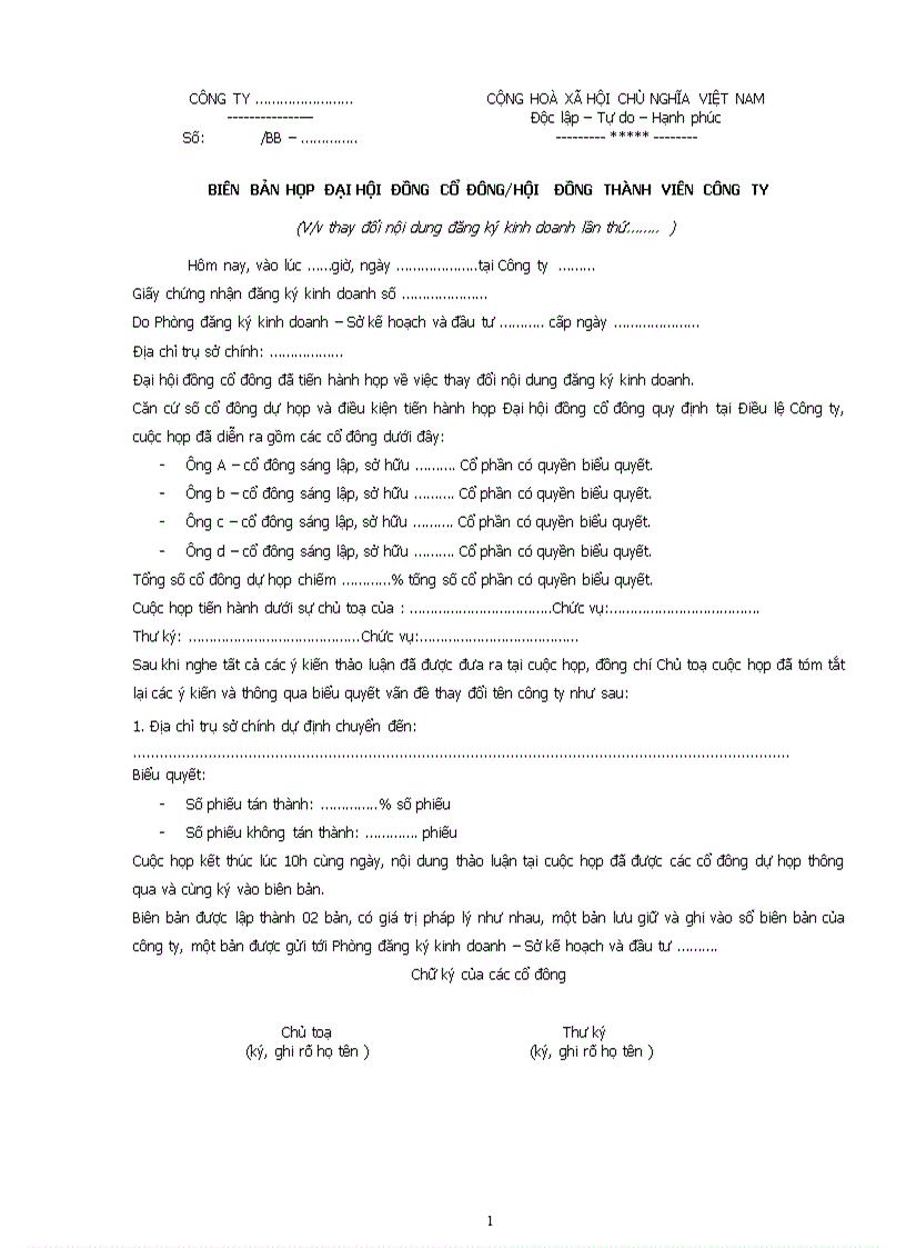 Biên bản họp thay đổi địa chỉ trụ sở chính công ty