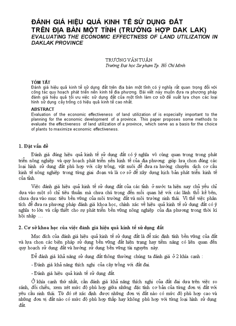 Đánh giá hiệu quả kinh tế sử dụng đất trên địa bàn một tỉnh trường hợp dak lak