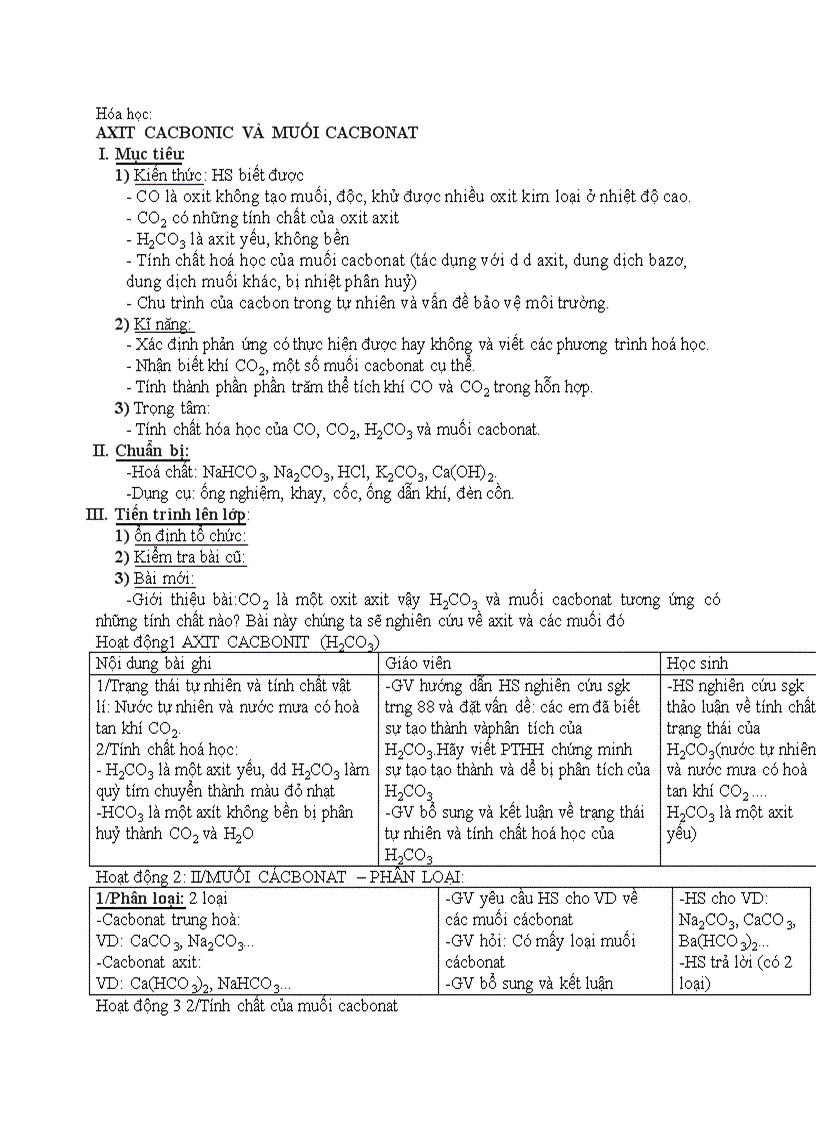 Hóa học AXIT CACBONIC VÀ MUỐI CACBONAT