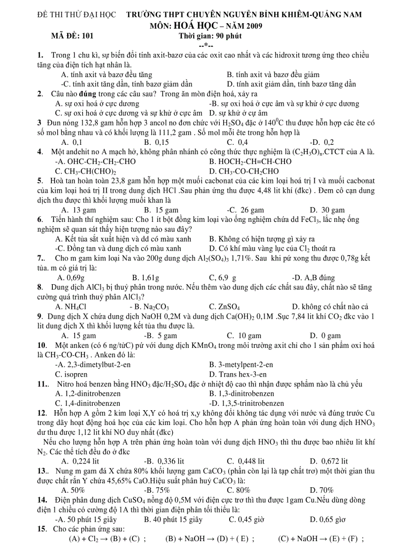 Trường thpt chuyên nguyễn bỉnh khiêm quảng nam môn Hoá học năm 2009