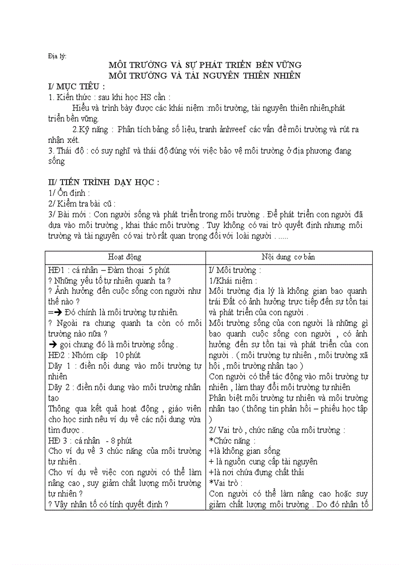 Địa lý MÔI TRƯỜNG VÀ SỰ PHÁT TRIỂN BỀN VỮNG MÔI TRƯỜNG VÀ TÀI NGUYÊN THIÊN NHIÊN