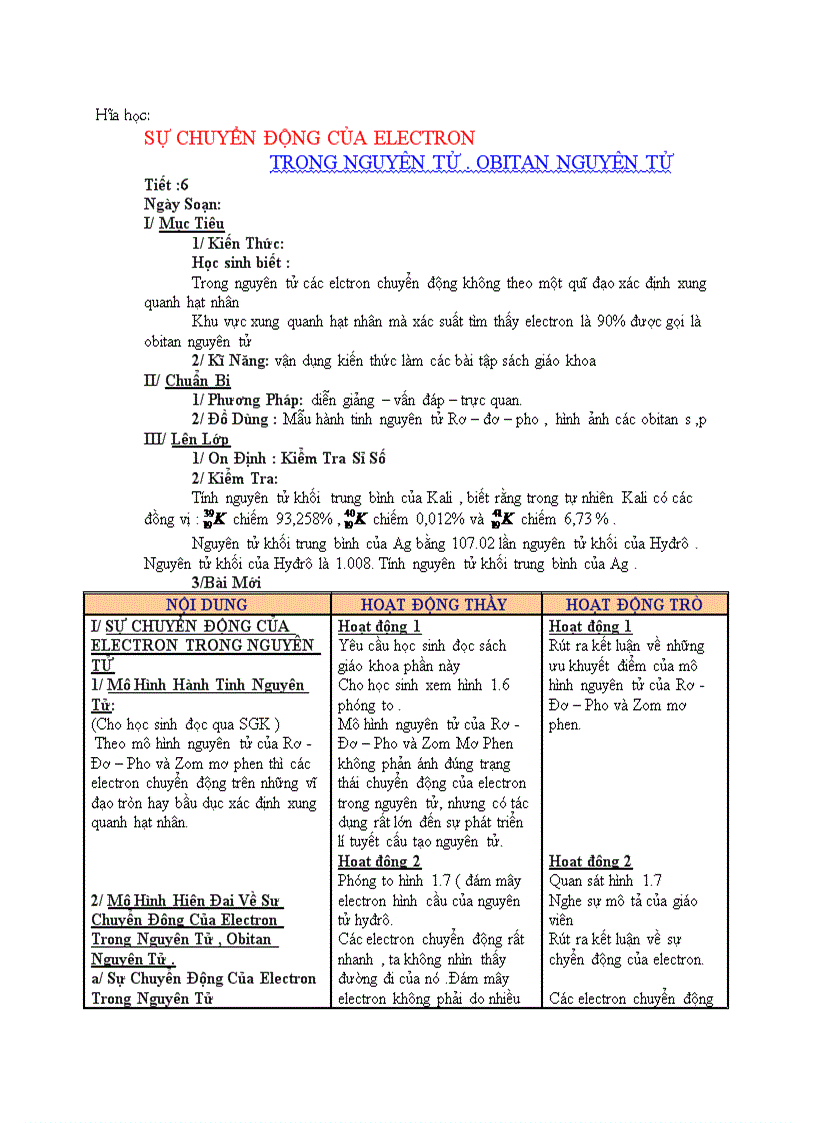 Hóa học SỰ CHUYỂN ĐỘNG CỦA ELECTRON TRONG NGUYÊN TỬ OBITAN NGUYÊN TỬ