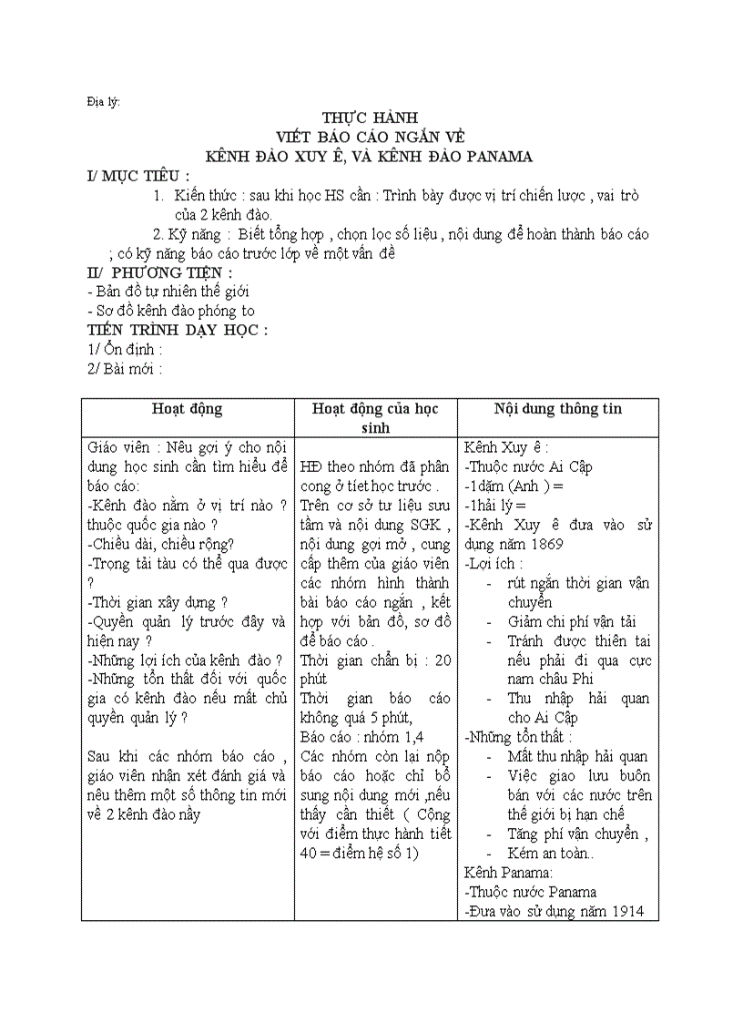 Địa lý THỰC HÀNH VIẾT BÁO CÁO NGẮN VỀ KÊNH ĐÀO XUY Ê VÀ KÊNH ĐÀO PANAMA