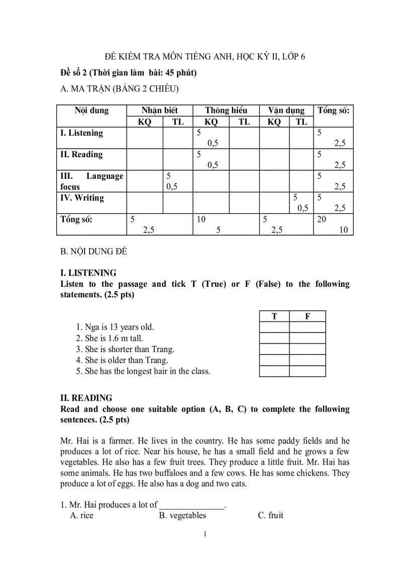 Đề thi học kỳ II Tiếng Anh 6 đề số 2