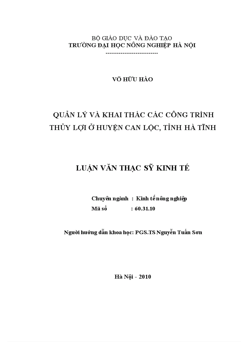 Quản lý và khai thác các công trình thủy lợi ở huyện can lộc tỉnh hà tĩnh