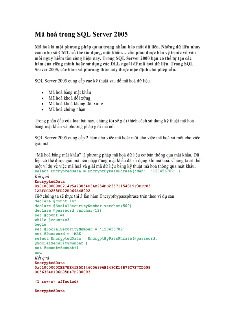 Mã hoá trong SQL Server 2005