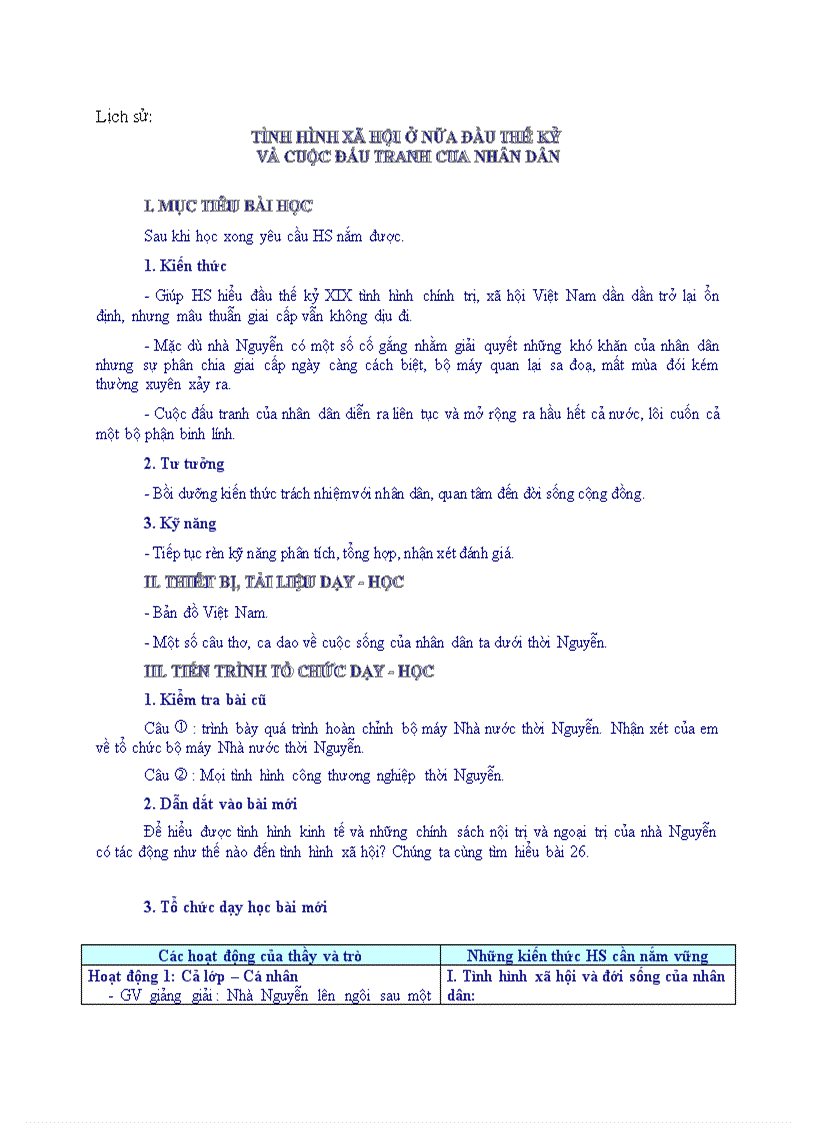 Lịch sử TÌNH HÌNH XÃ HỘI Ở NỮA ĐẦU THẾ KỶ VÀ CUỘC ĐẤU TRANH CUA NHÂN DÂN