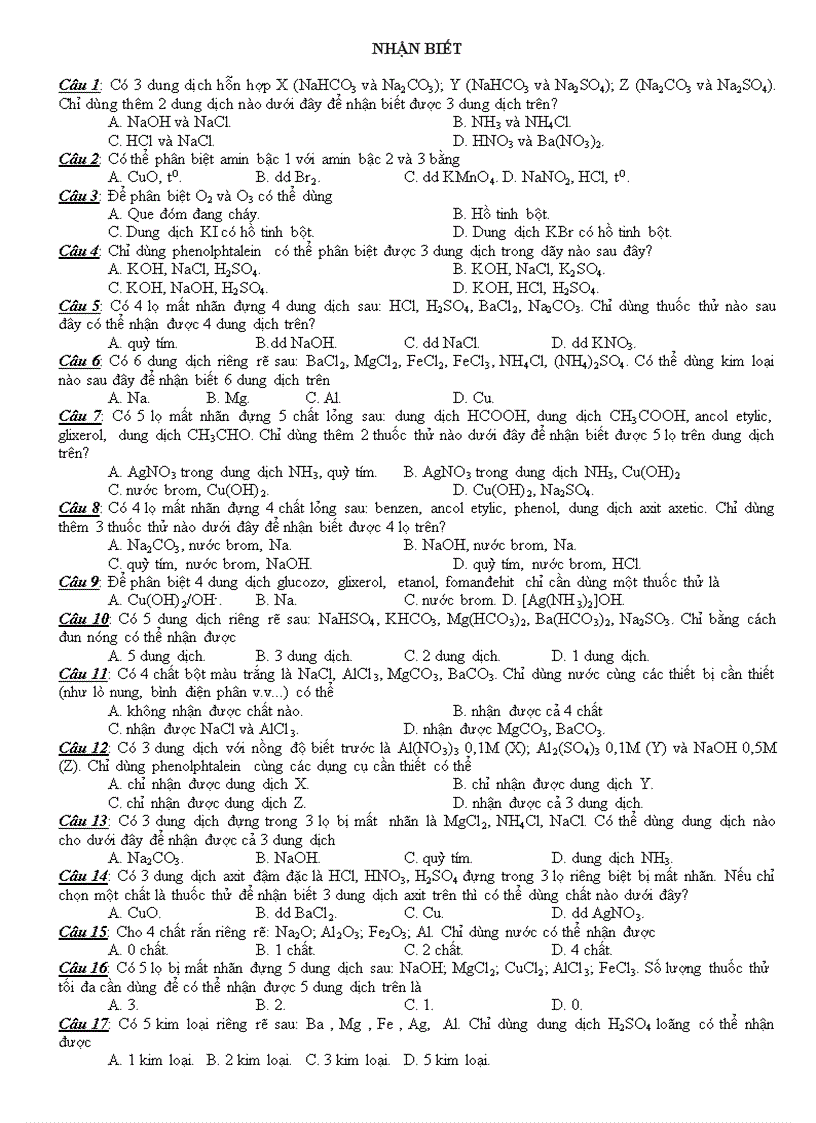 Nhận biết tính chất điều chế 1 số chất hóa học
