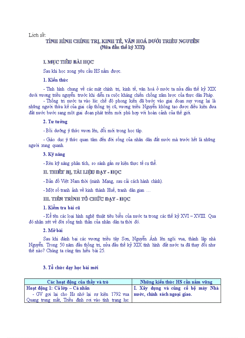 Lịch sử TÌNH HÌNH CHÍNH TRỊ KINH TẾ VĂN HOÁ DƯỚI TRIỀU NGUYỄN Nửa đầu thế kỷ XIX