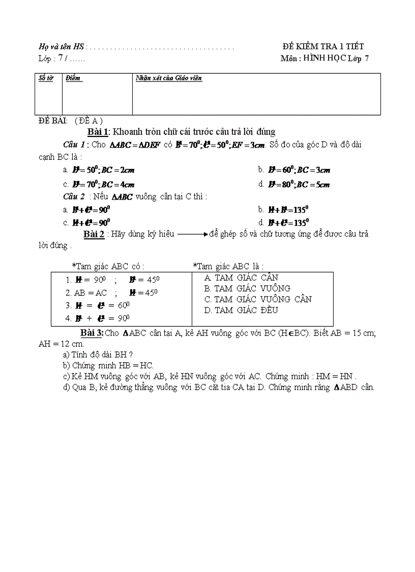 Đề kiểm tra 1 tiết môn Hình học 7 THCS Nguyễn Du Phú Yên 2009 2010