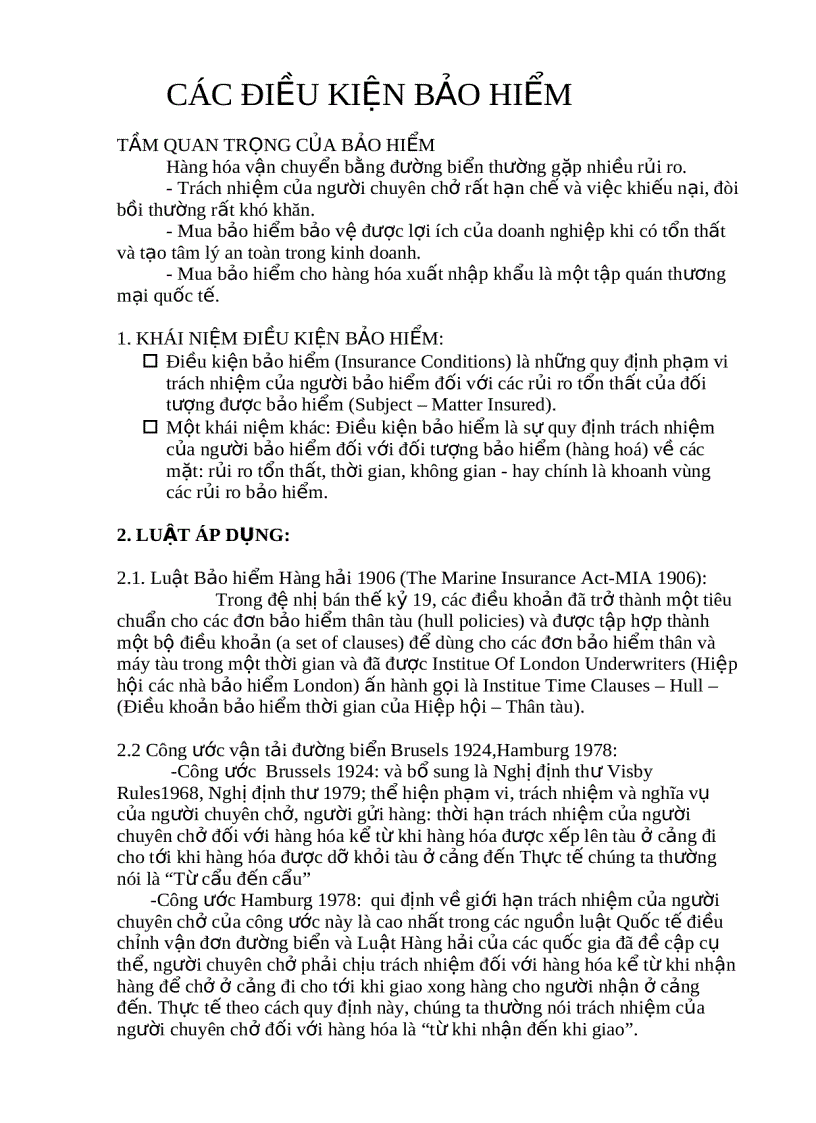 Các điều kiện bảo hiểm
