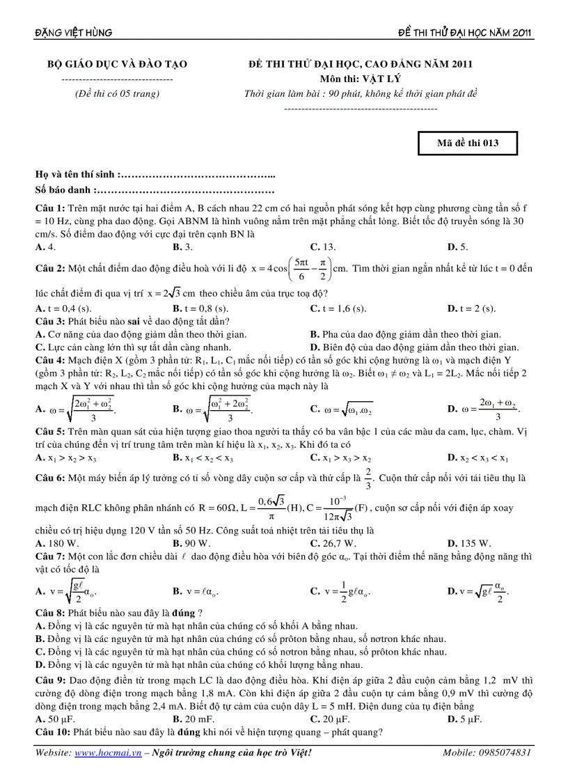 Đề thi thử môn vật lý Đại học 2011 Hocmai vn đề 13