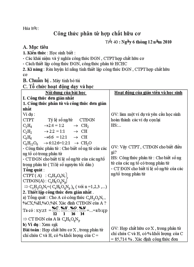 Hóa học Công thức phân tử hợp chất hữu cơ