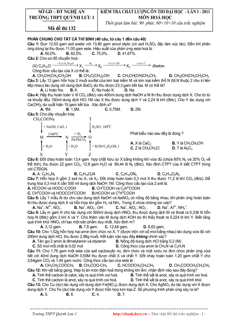 Đề Thi Thử ĐH Môn HÓA Lần 1 THPT Quỳnh Lưu Nghệ An 2010 2011