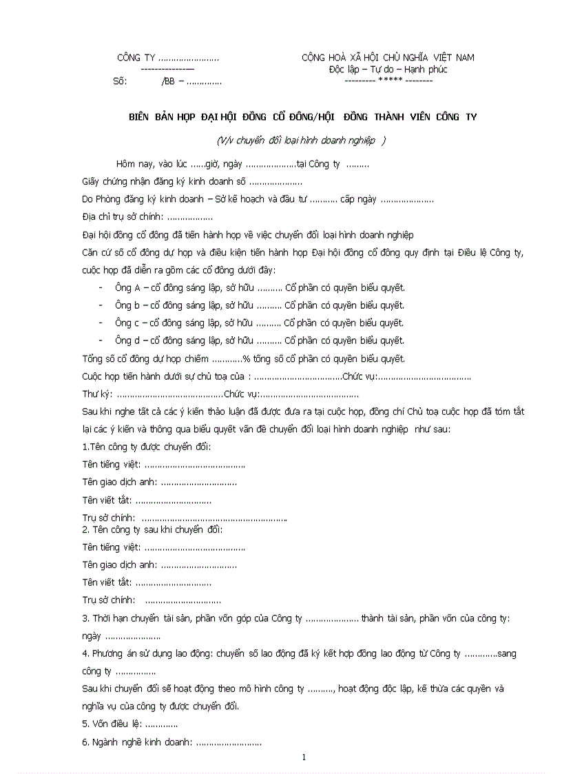 Biên bản họp đại hội đồng cổ đông hội đồng thành viên công ty V v chuyển đổi loại hình doanh nghiệp