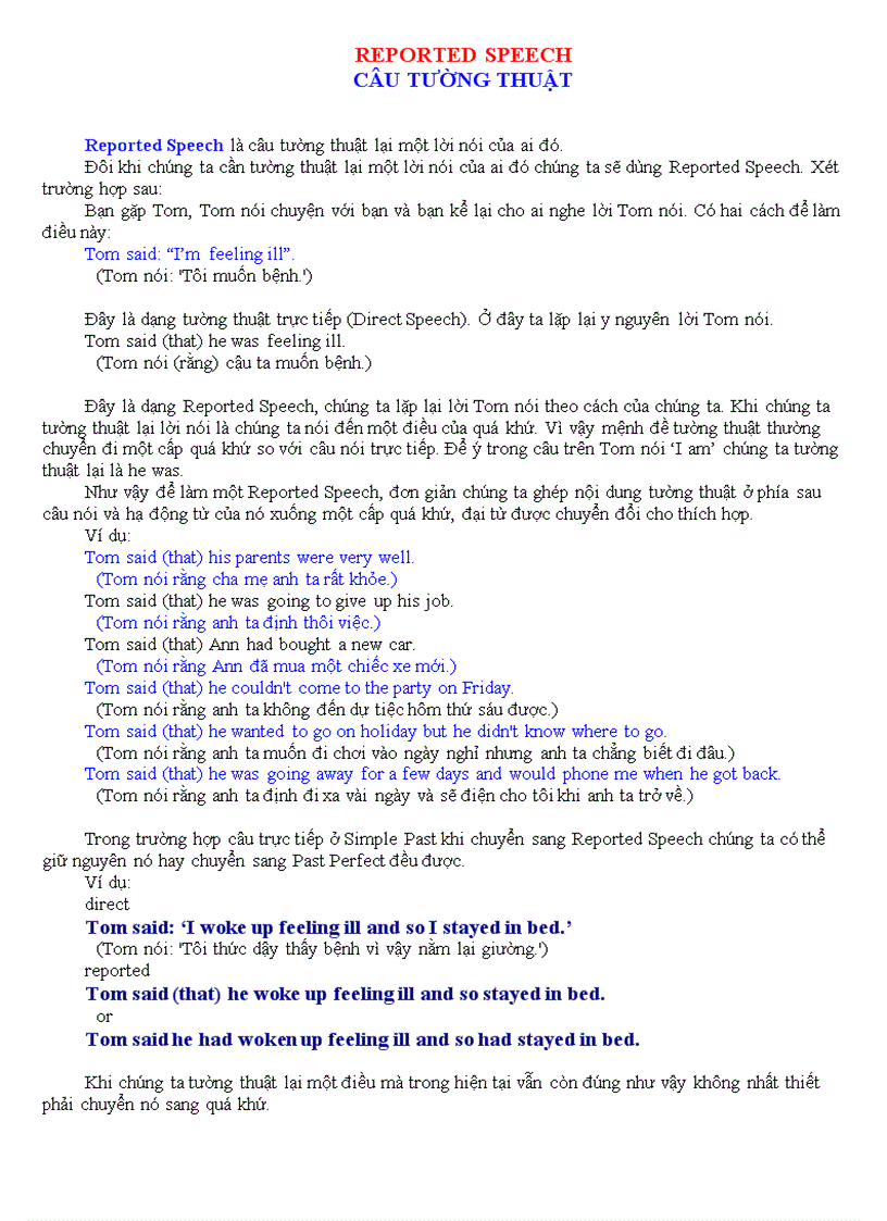 Reported speech câu tường thuật