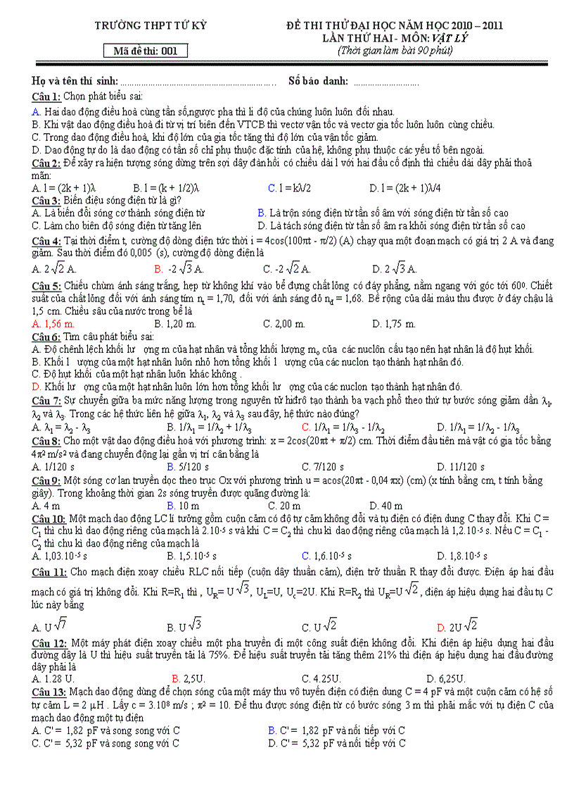 Trường thpt tứ kỳ đề thi thử đại học vật lý năm học 2010 2011