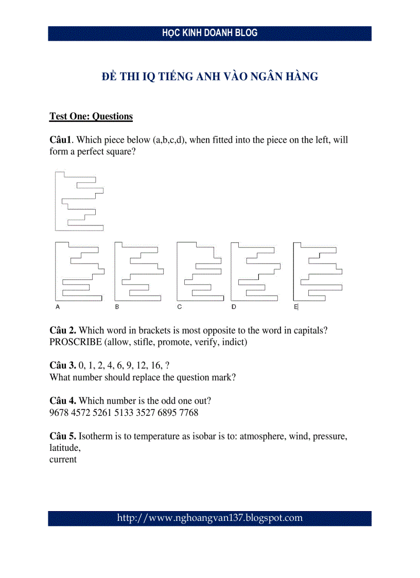 Đề thi IQ tiếng anh vào các ngân hàng