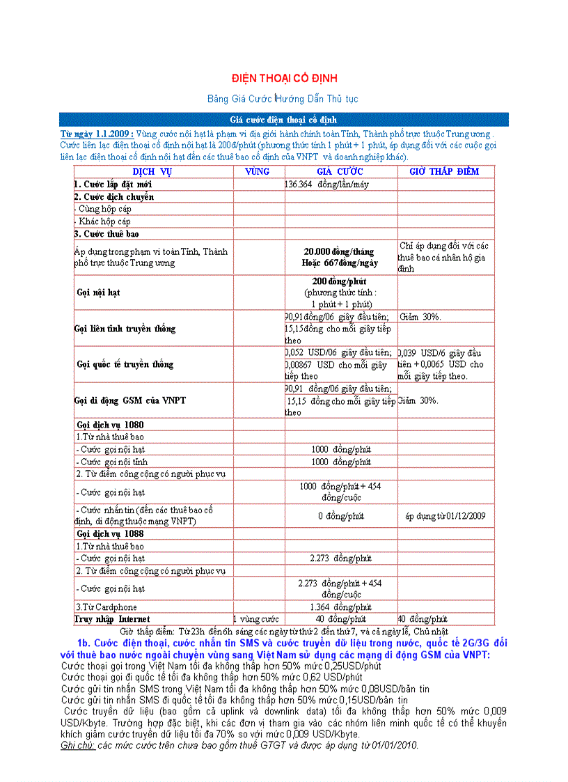Điện thoại cố đinh Bảng Giá Cước Hướng Dẫn Thủ tục