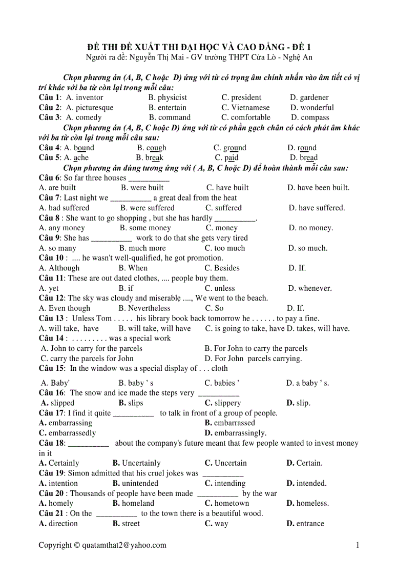 Đề Thi Đề Xuất DHCĐ Môn Tiếng Anh THPT Cửa Lò 001