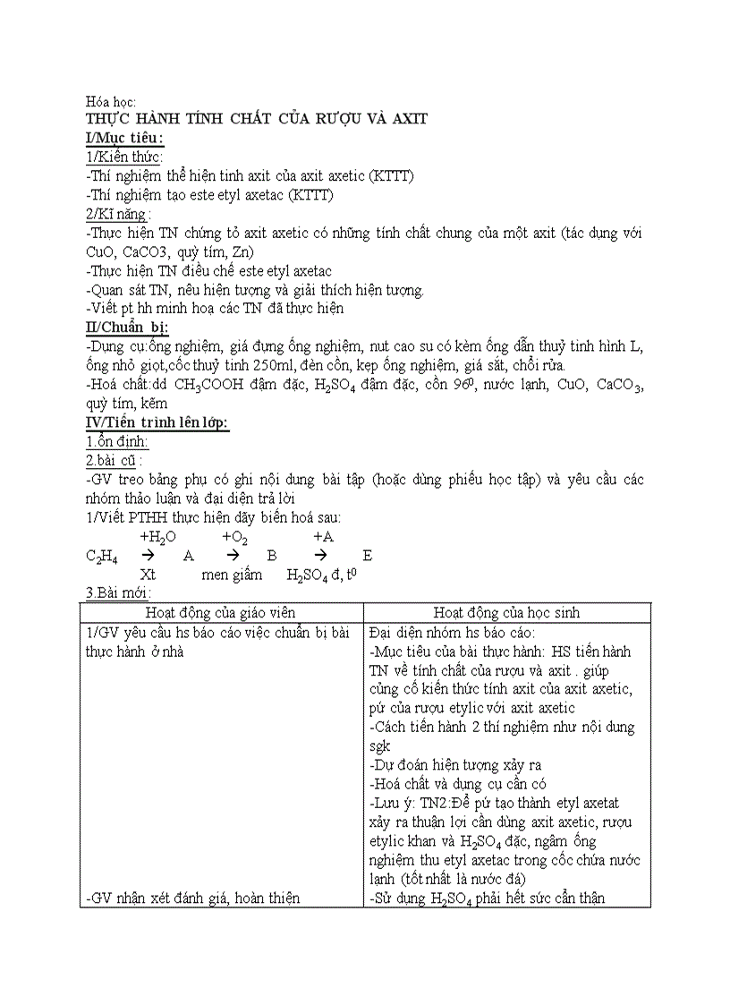 Hóa học THỰC HÀNH TÍNH CHẤT CỦA RƯỢU VÀ AXIT