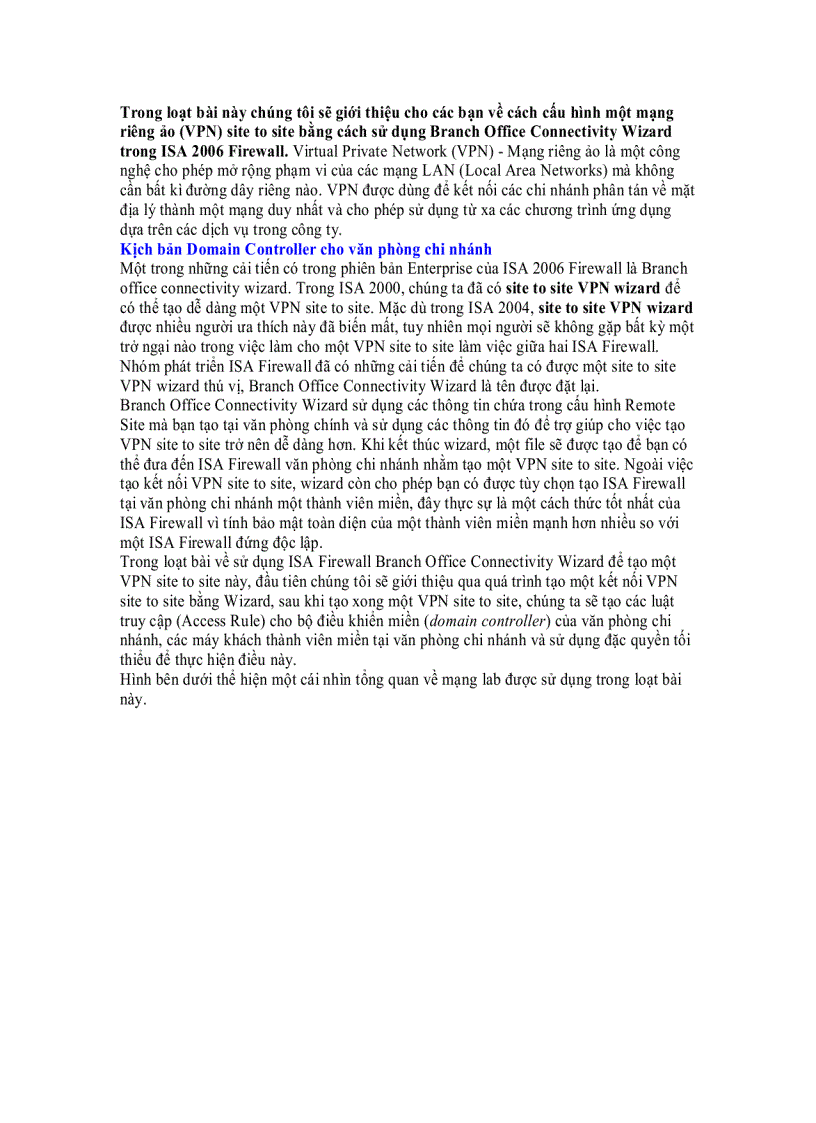Tạo Việt NamP Site to Site bằng ISA 2006 Firewall Branch Office Connection Wizard Phần 1