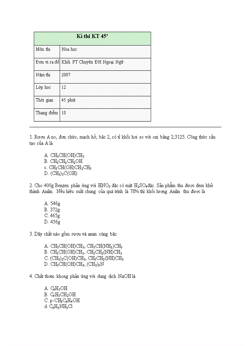 Đề thi Kế toán 45 Môn Hóa học 12 Khối PT Chuyên ĐH Ngoại Ngữ ĐHQGHN 2007