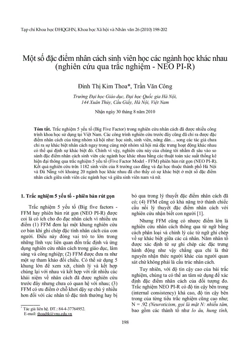 Báo cáo nghiên cứu khoa học Một số đặc điểm nhân cách sinh viên học các ngành học khác nhau nghiên cứu qua trắc nghiệm NEO PI R