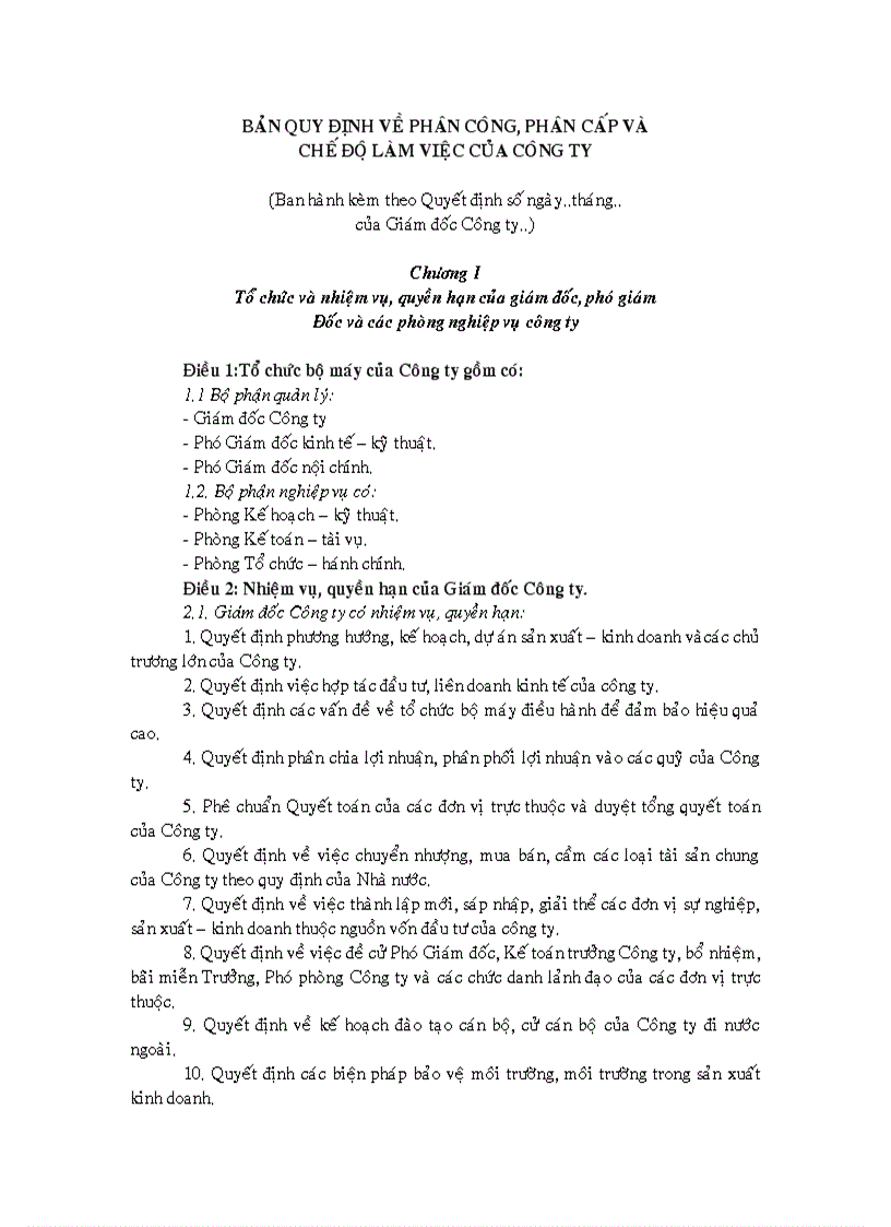 Quyết định về phân công phân cấp và chế độ làm việc của công ty